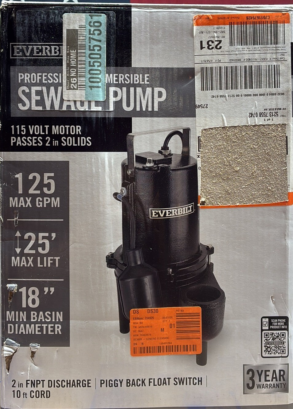 Everbilt ESE50W-HD 1/2 HP Cast Iron Sewage Ejector Pump Model open box
