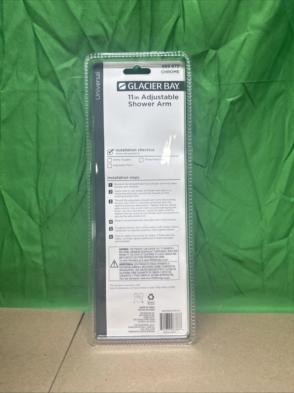 (1) NEW Glacier Bay 11" Adjustable Shower Arm - CHROME - 889 672