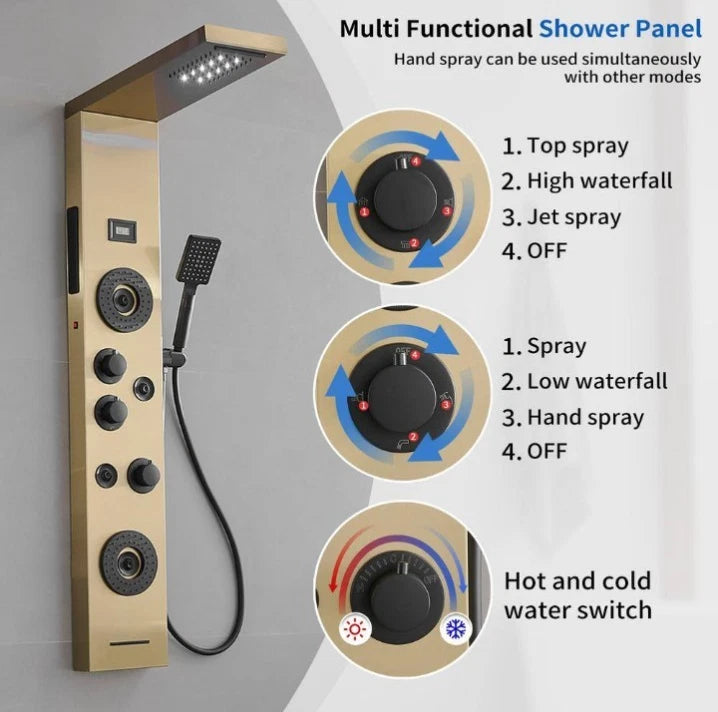 4Jet Rainfall Shower Panel System with Rainfall Waterfall Shower Head Black Gold