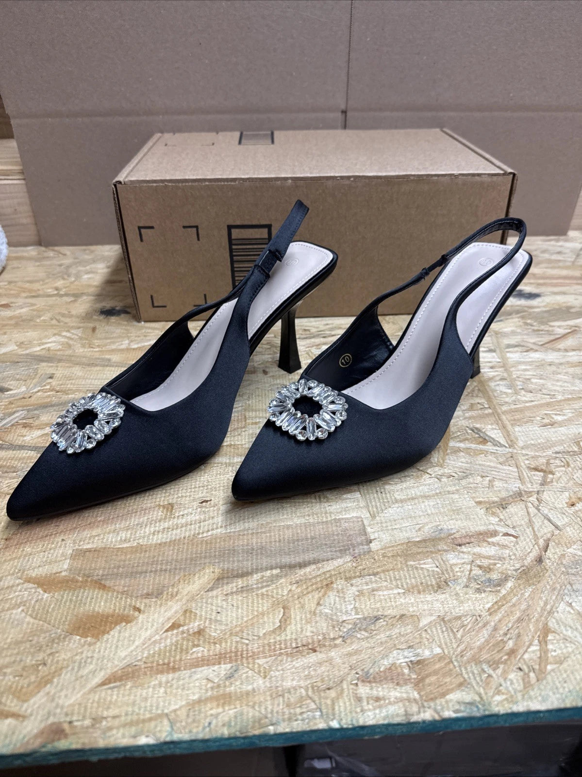 Sophisticated Black Heels with Crystal Embellishment Women’s Size 10