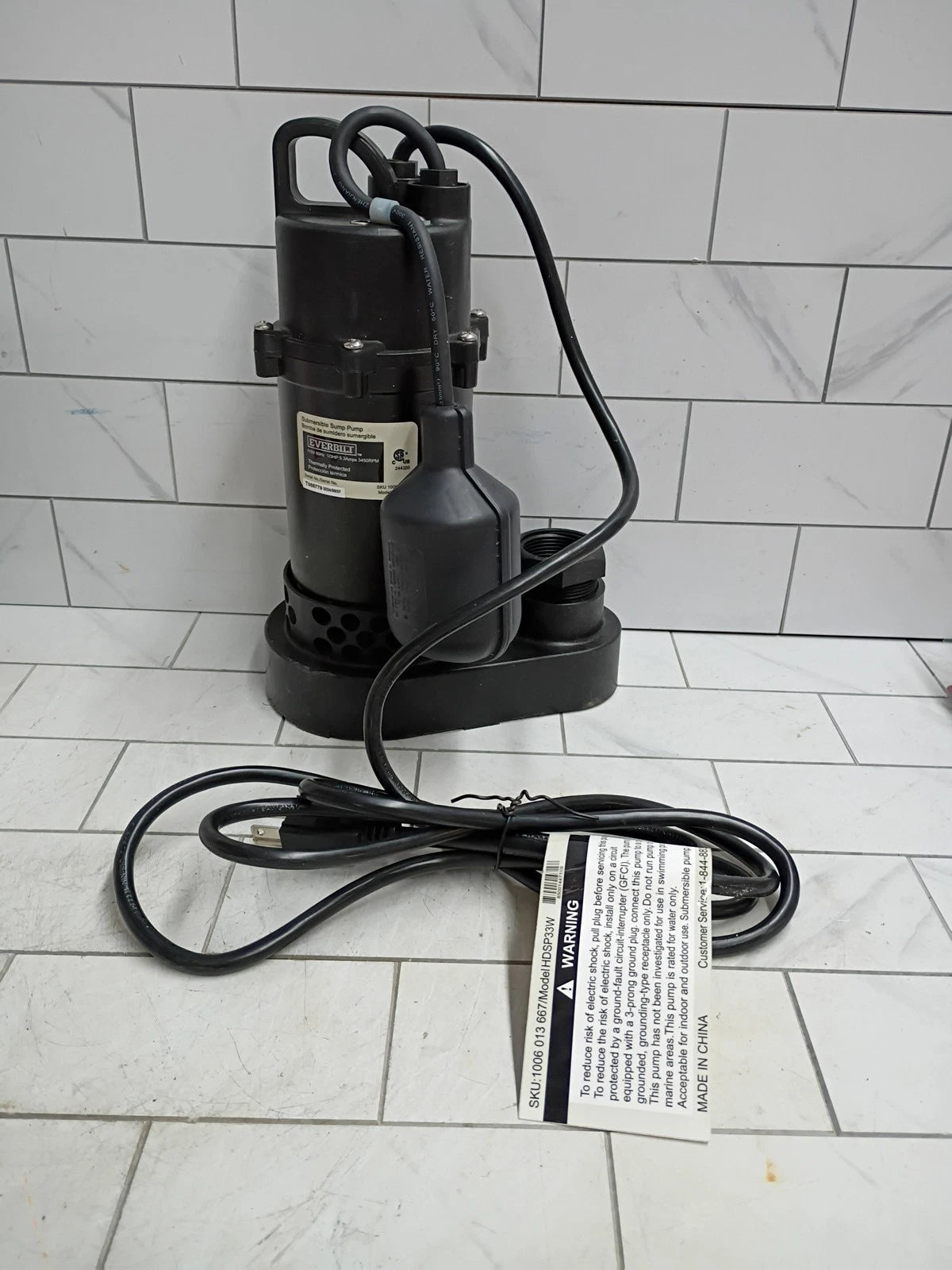 Everbilt 1/3 HP Corrosion Resistant Aluminum Sump Pump w/ Tether Switch Open Box