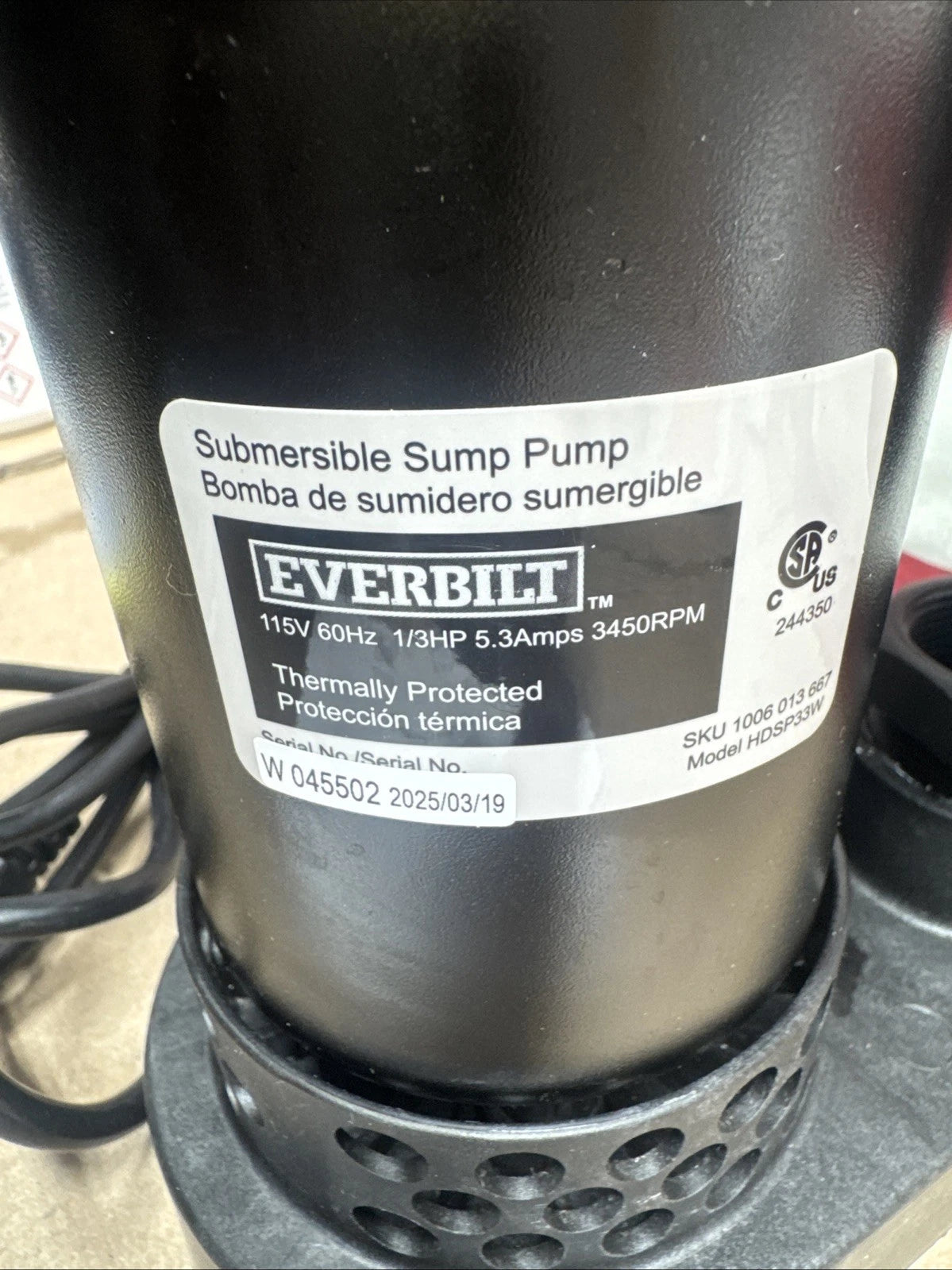 Everbilt 1/3 HP Corrosion Resistant Aluminum Sump Pump w/ Tether Switch NEW OB.