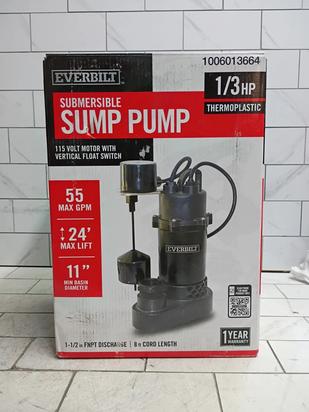 Everbilt 1/3 HP Aluminum Sump Pump Submersible Vertical Switch- HDSP33V USED