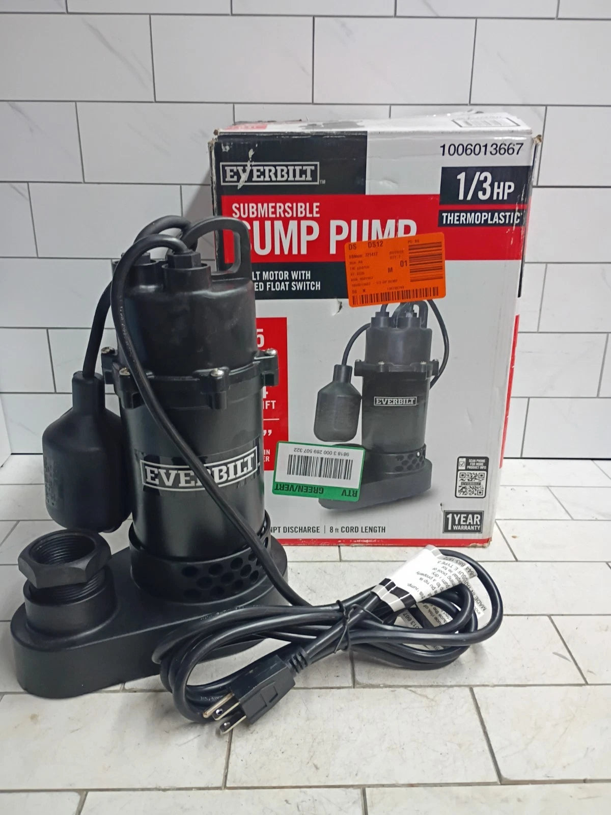 Everbilt 1/3 HP Corrosion Resistant Aluminum Sump Pump w/ Tether Switch OB