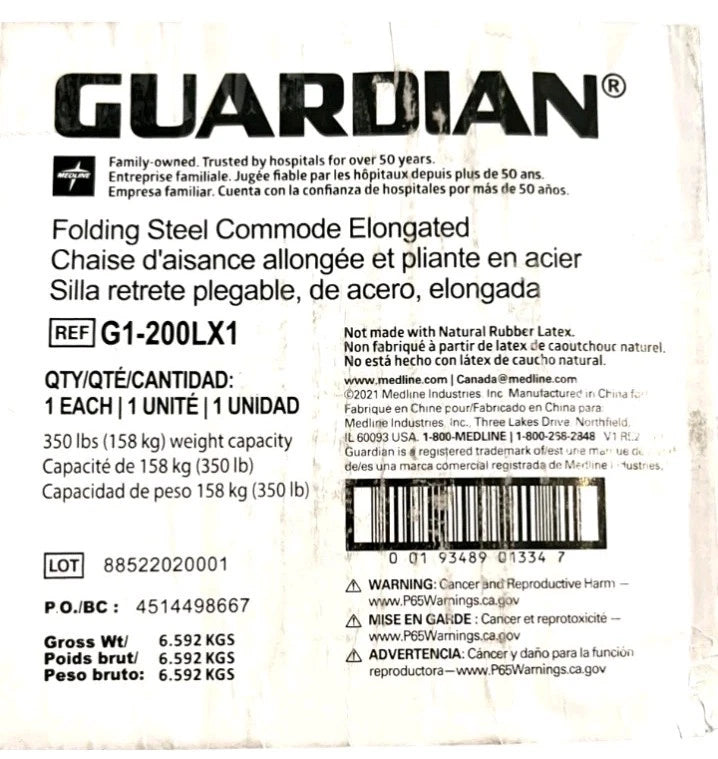 Guardian Folding 3-in-1 Steel Elongated Commode P/N G1 200X1 350lb Capacity OB