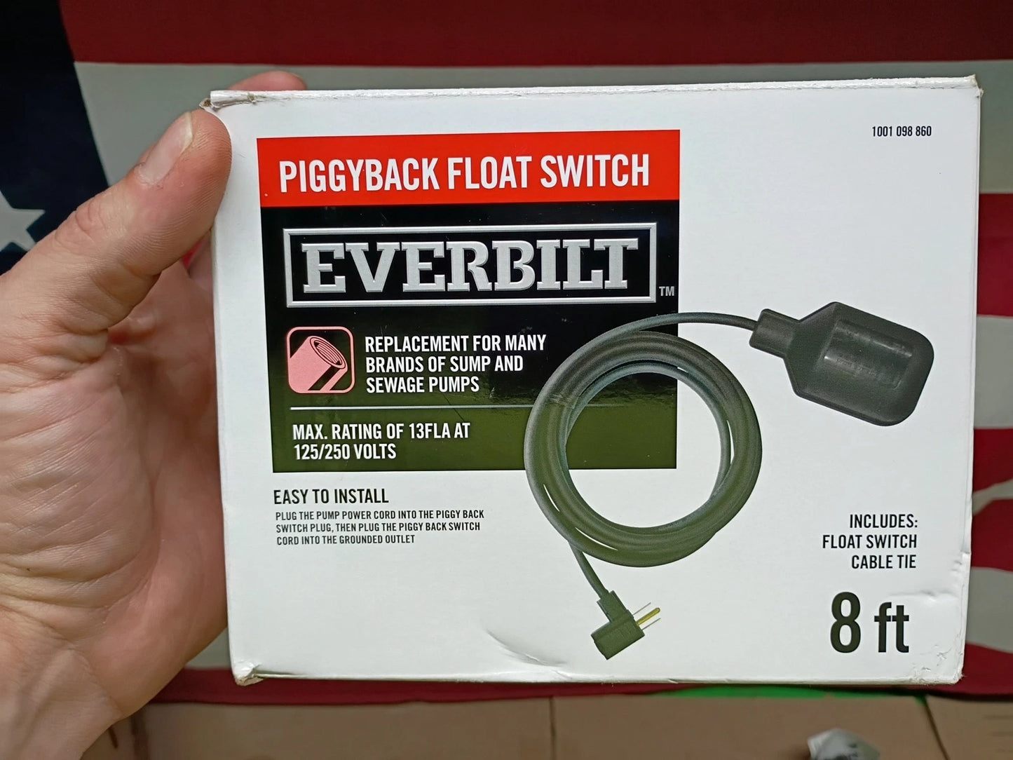 EVERBILT Piggyback EBFSWPB Sump Pump Float Switch, 8ft Cord, 1001 098 860, OB