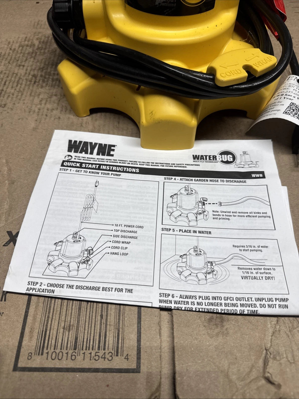 Wayne 1/6 HP WaterBUG Submersible Utility Pump with Multi-Flo Technology USED/