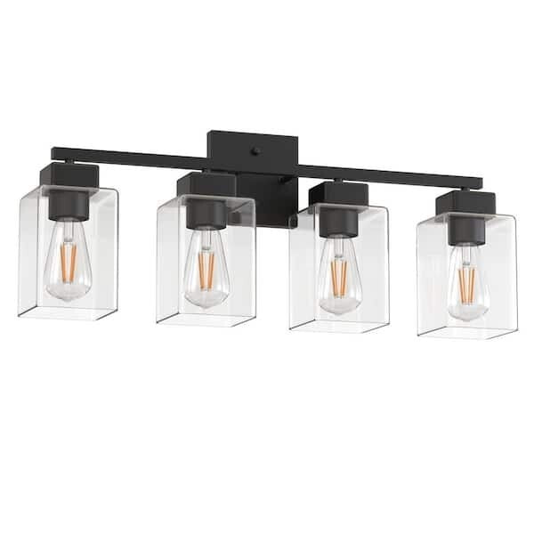 25 in. 4-Light Matte Black Vanity Light with Square Glass Shades-Modern Bathroom