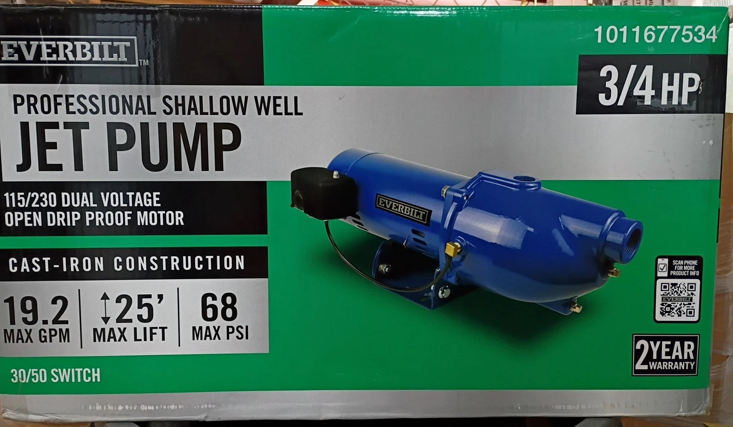 Everbilt HDSWJ7 3/4 HP Cast Iron Shallow Well Jet Pump Open Box.