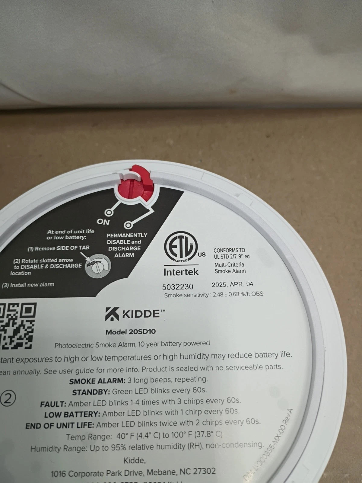 Kidde 20SD10 Smoke Alarm 10-Year Battery Photoelectric Detector White