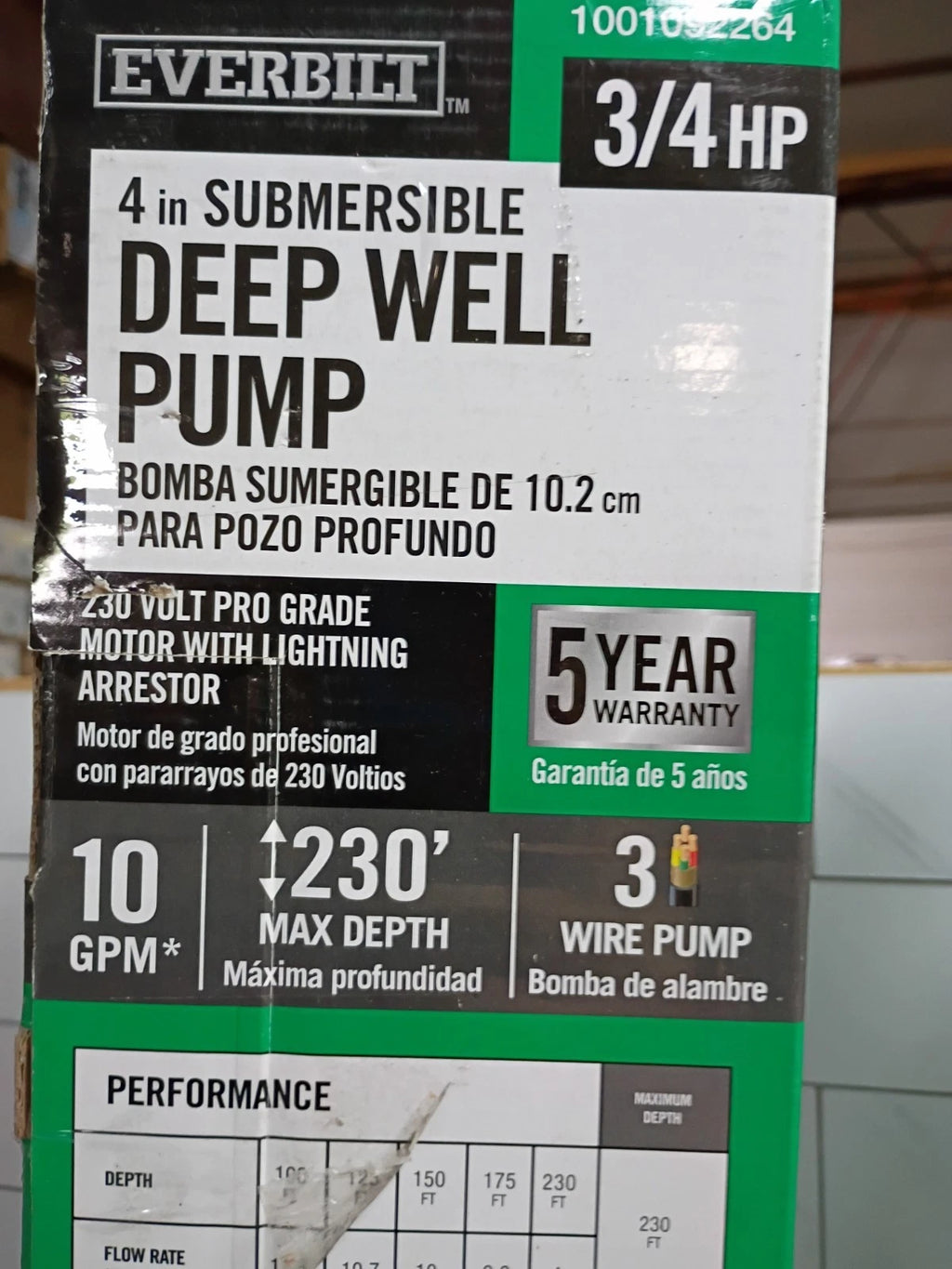 Everbilt 3/4 HP Submersible 3-Wire Motor 10 GPM Deep Well Potable Water Pump OB