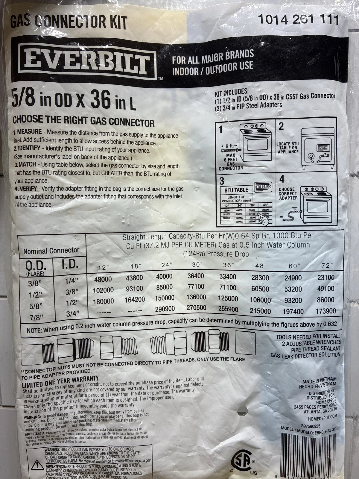 8-PACK Everbilt 3/4 FIP x 3/4 FIP x 36 Gas Connector (5/8 in. OD) (125,000 BTU)