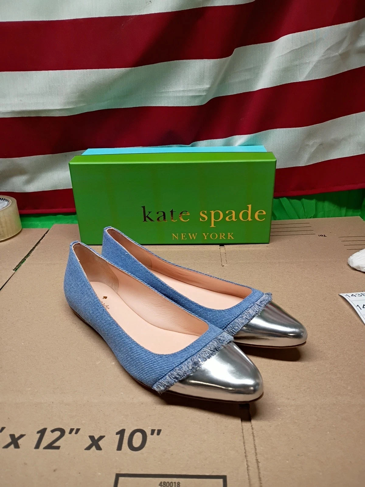 Kate Spade Nelly Denim Ballet Flats Silver Cap Toe Fringe Women 10M