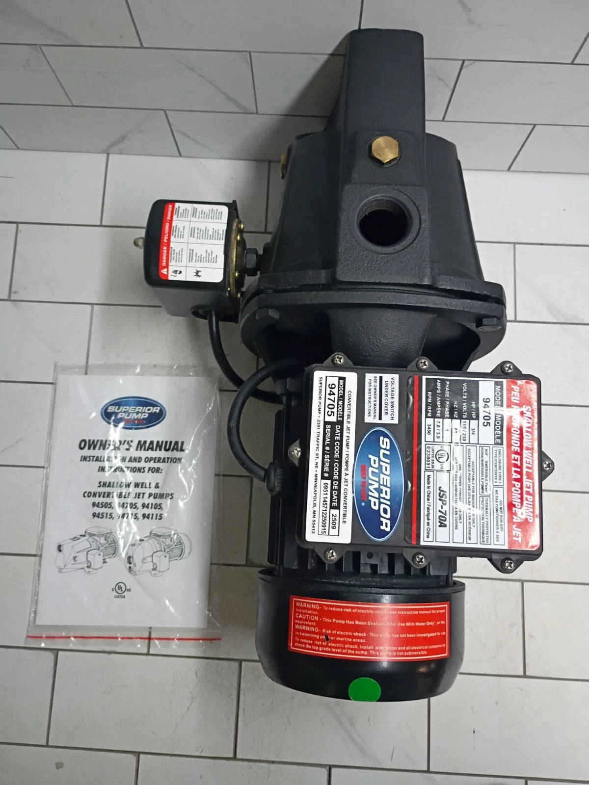 Superior Pump 94705, 3/4HP Shallow Well Jet Pump 115/230V CAST IRON OPEN BOX