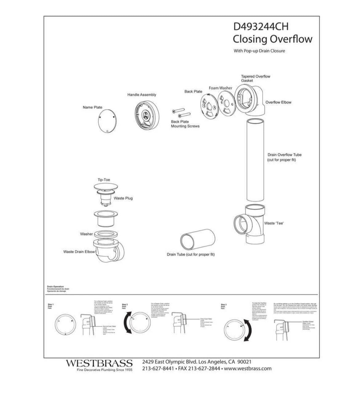 WESTBRASS D493244CHM–50 Patented Deep Soak Full/Partial Closing Bath Waste White