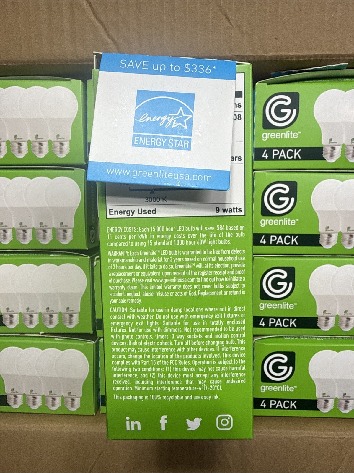 Greenlite LED 9W Light Bulb Case 24 Four Packs 60W Equivalent A19 3000K Non Dim