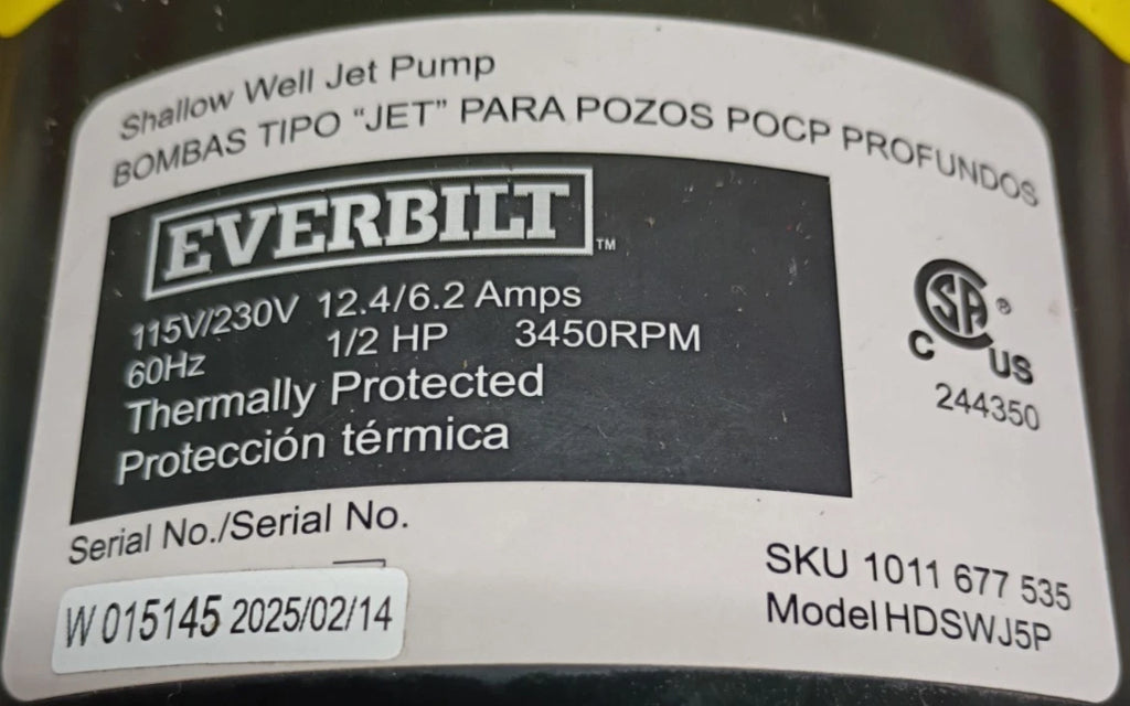 HDSWJ5P Everbilt 1/2 HP Thermoplastic Shallow Well Jet Pump Open Box Read