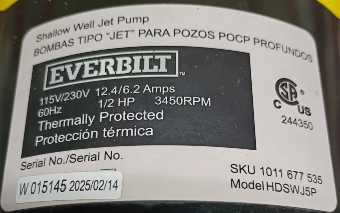 HDSWJ5P Everbilt 1/2 HP Thermoplastic Shallow Well Jet Pump Open Box Read