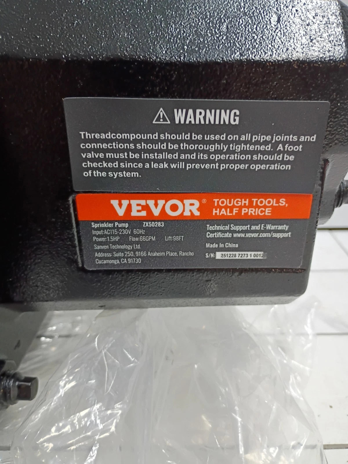 1.5Hp VEVOR ZX50283 Home or Irrigation CAST IRON SPRINKER PUMP - Open Box