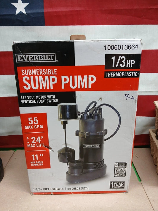 Everbilt 1/3 HP Aluminum Sump Pump Submersible Vertical Switch- HDSP33V, NEW