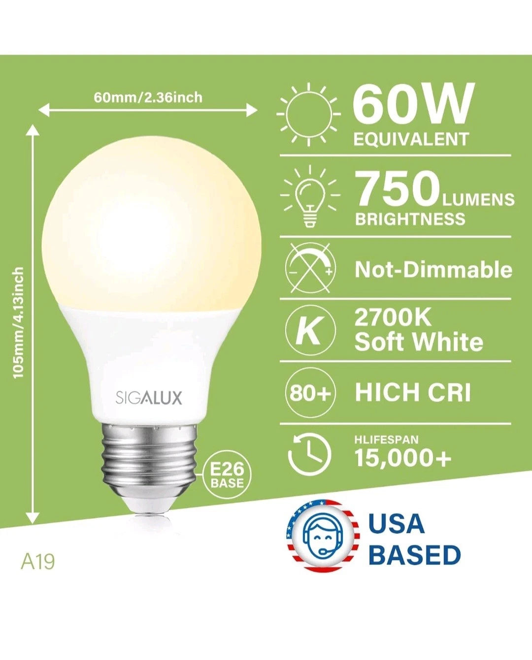 (10-pack) Sigalux A19 LED Light Bulbs 60, Soft White, Non Dimmable
