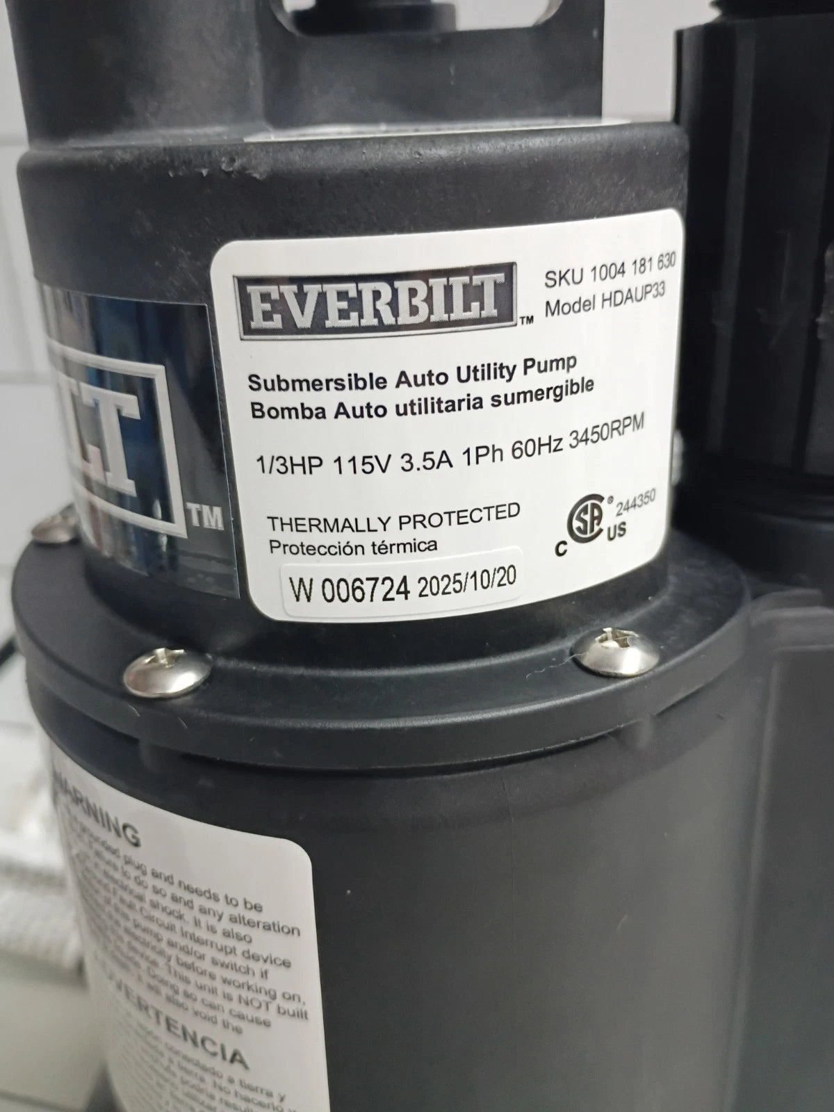 Everbilt 1/3 HP Automatic Utility Pump HDAUP33- Automatic On/Off Open Box
