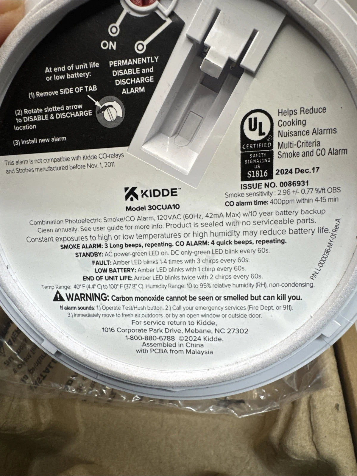 Kidde Combination Photoelectric Smoke & Carbon Monoxide Alarm 30CUA10