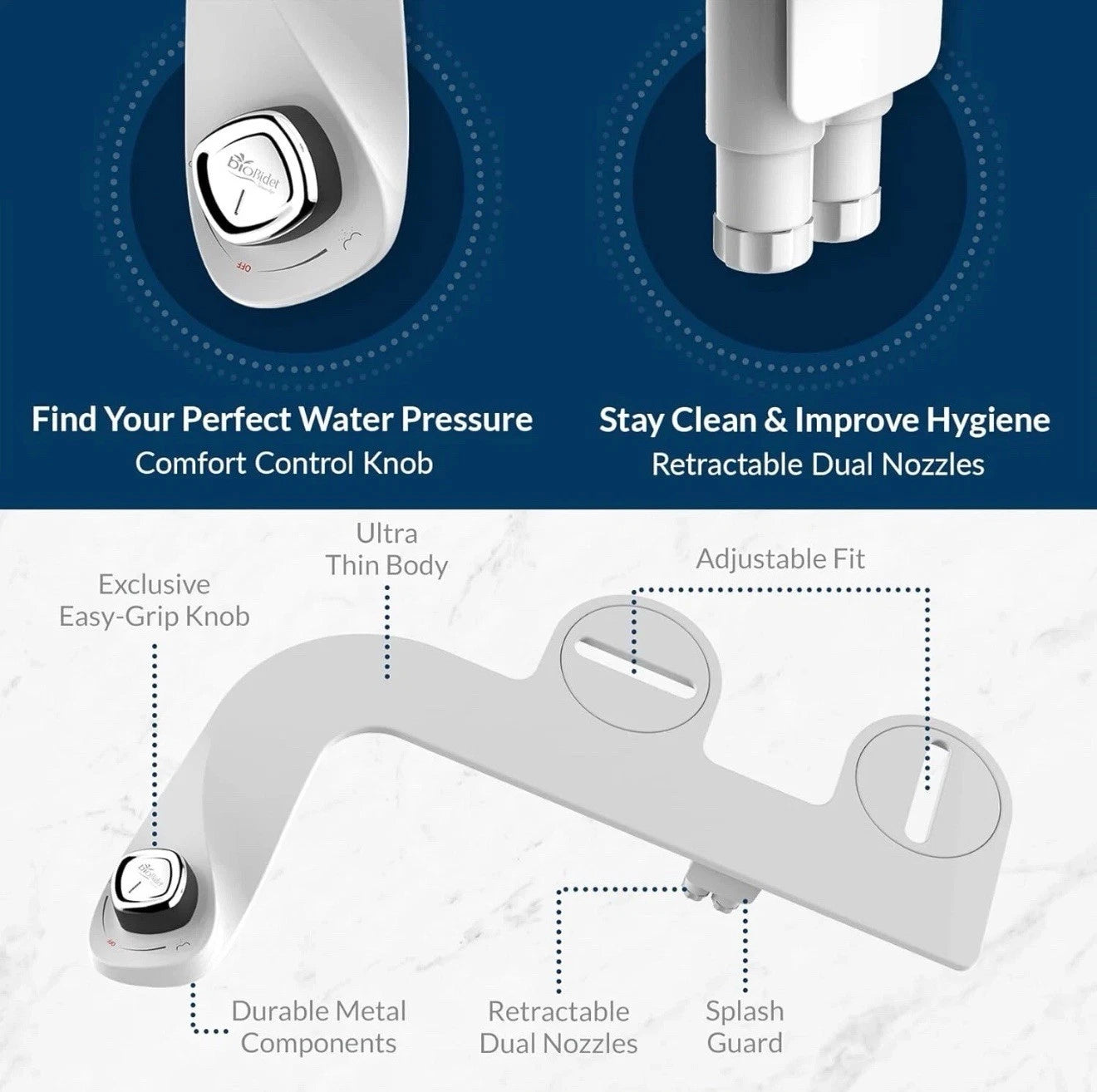 BioBidet SlimEdge Bidet Attachment for Toilet, Non Electric Self Cleaning White