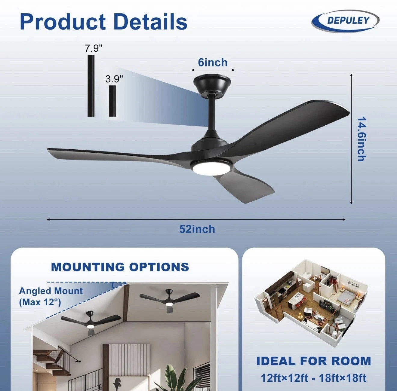 Depuley 52Inch Ceiling Fan with Light Black 3 Blade Outdoor Fans for Patios
