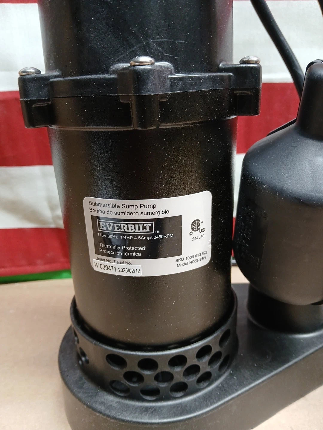 Everbilt 1/4 HP Aluminum Sump Pump w/ Tether Float Switch HDSP25W NEW OPEN BOX.