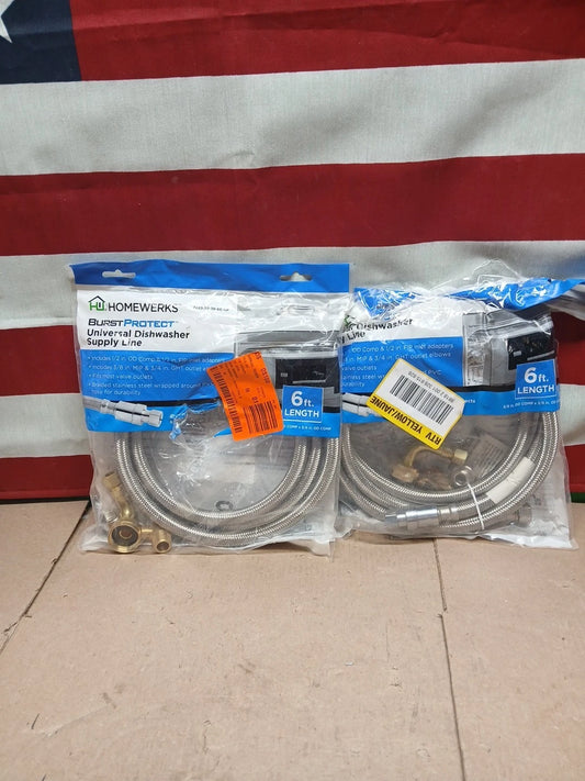 Set OF 2.HomeWerks 6ft Universal SS Dishwasher Supply Line 7223-72-38-6E-BP