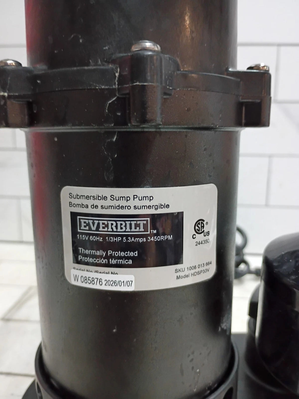 Everbilt 1/3 HP Aluminum Sump Pump Submersible Vertical Switch- HDSP33V USED