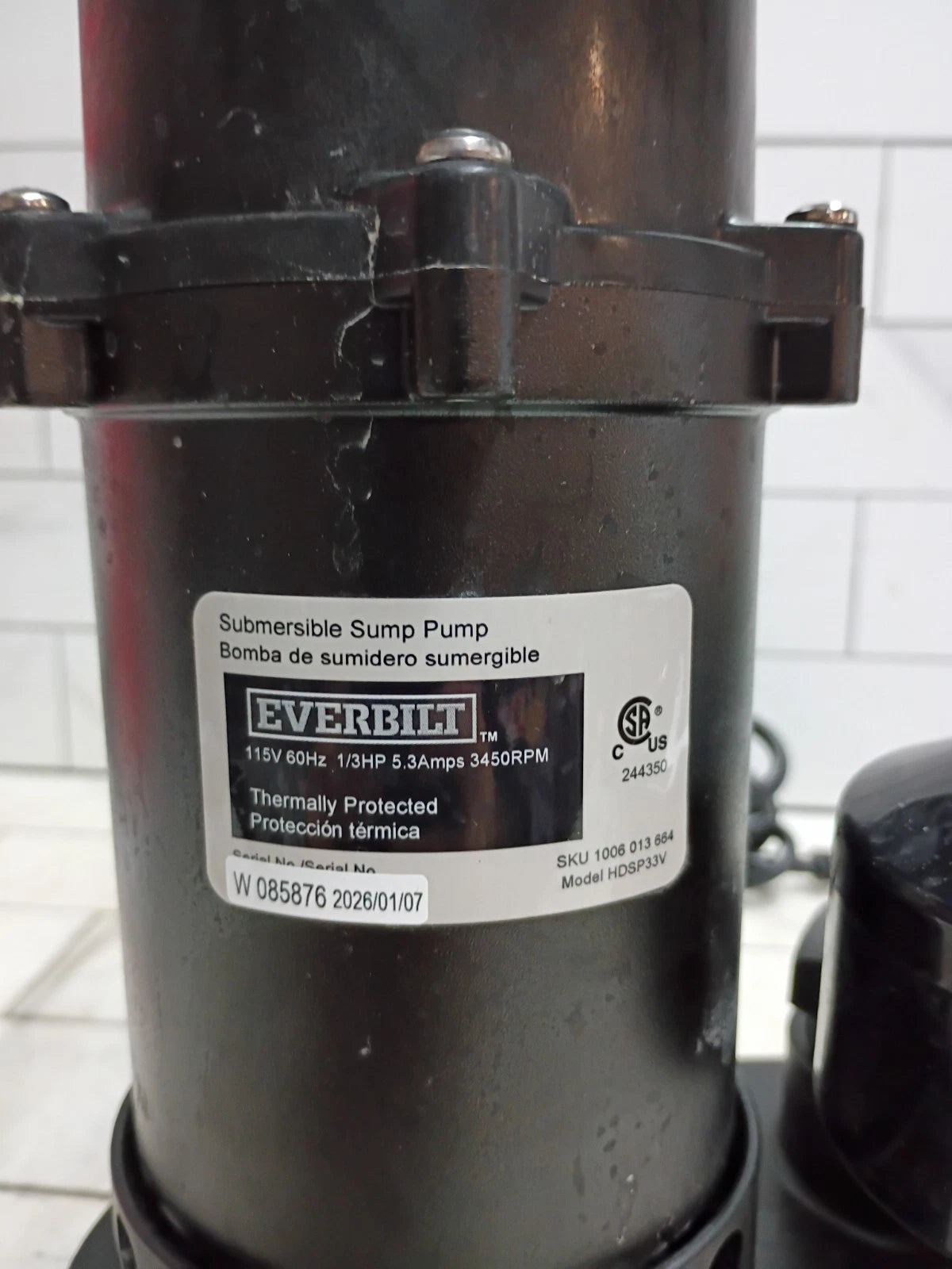 Everbilt 1/3 HP Aluminum Sump Pump Submersible Vertical Switch- HDSP33V USED