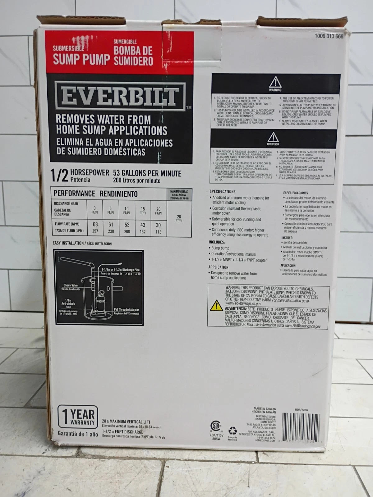 Everbilt HDSP50W 1/2 HP Submersible Aluminum Sump Pump with Tethered Switch, OB