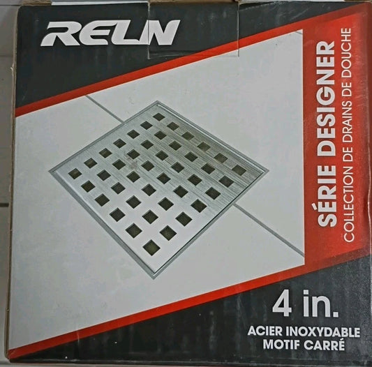 RELN FD0402SQSS 4" x 4" Stainless Steel Square Shower Drain, Square Pattern OB