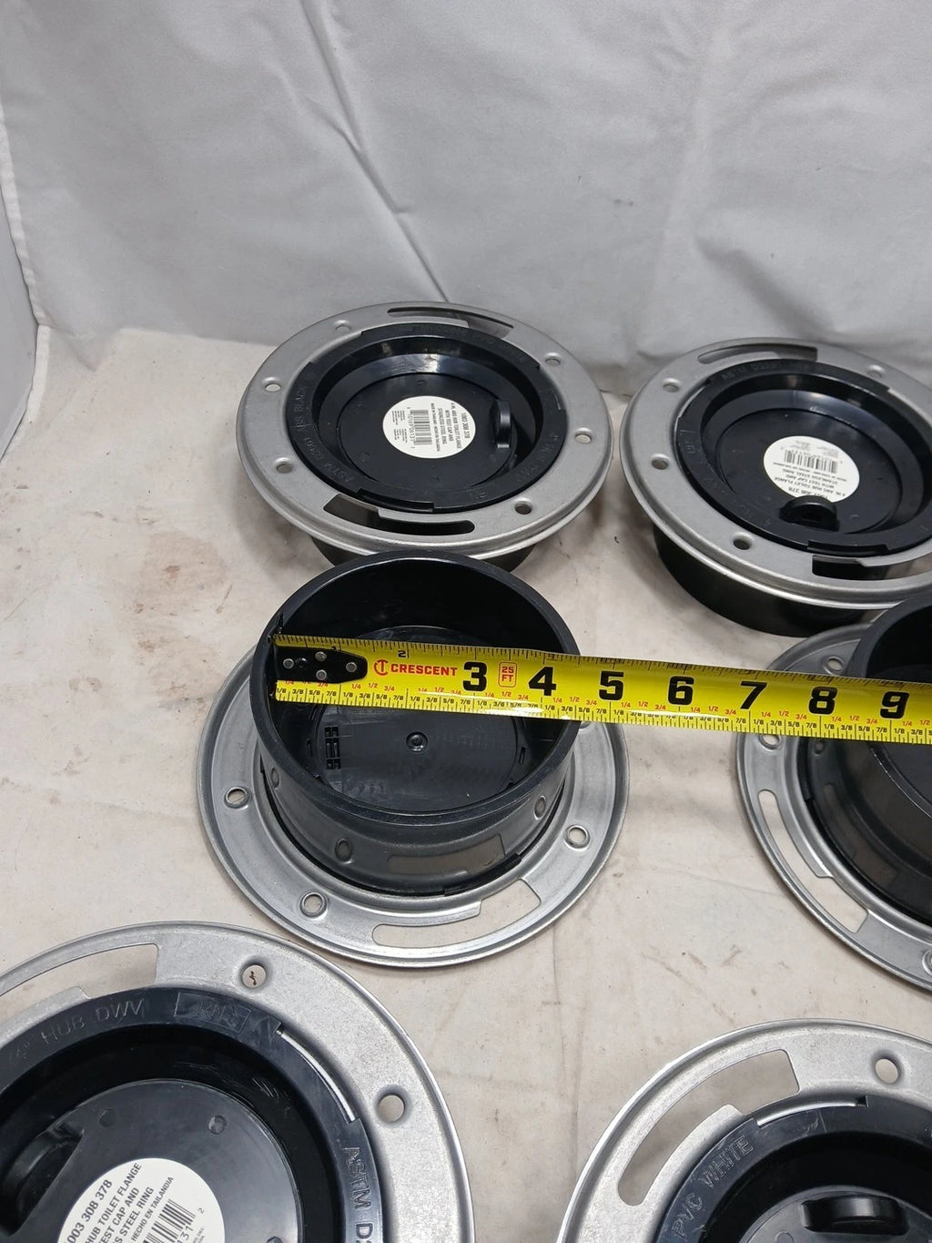 6 PK 4in ABS hub Toilet Flange W/ Test Cap and Stainless Steel Ring New OB