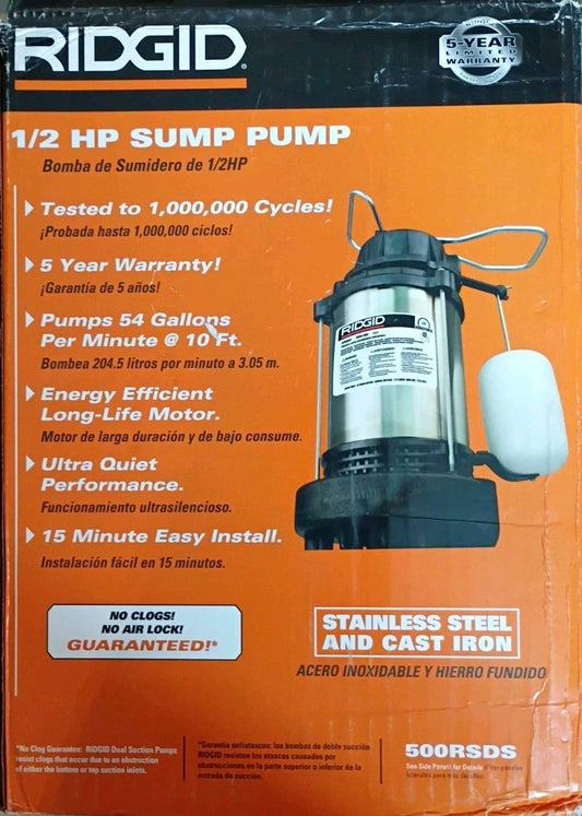 Ridgid 1/2 HP Stainless Steel Dual Suction Sump Pump, 500RSDS Used