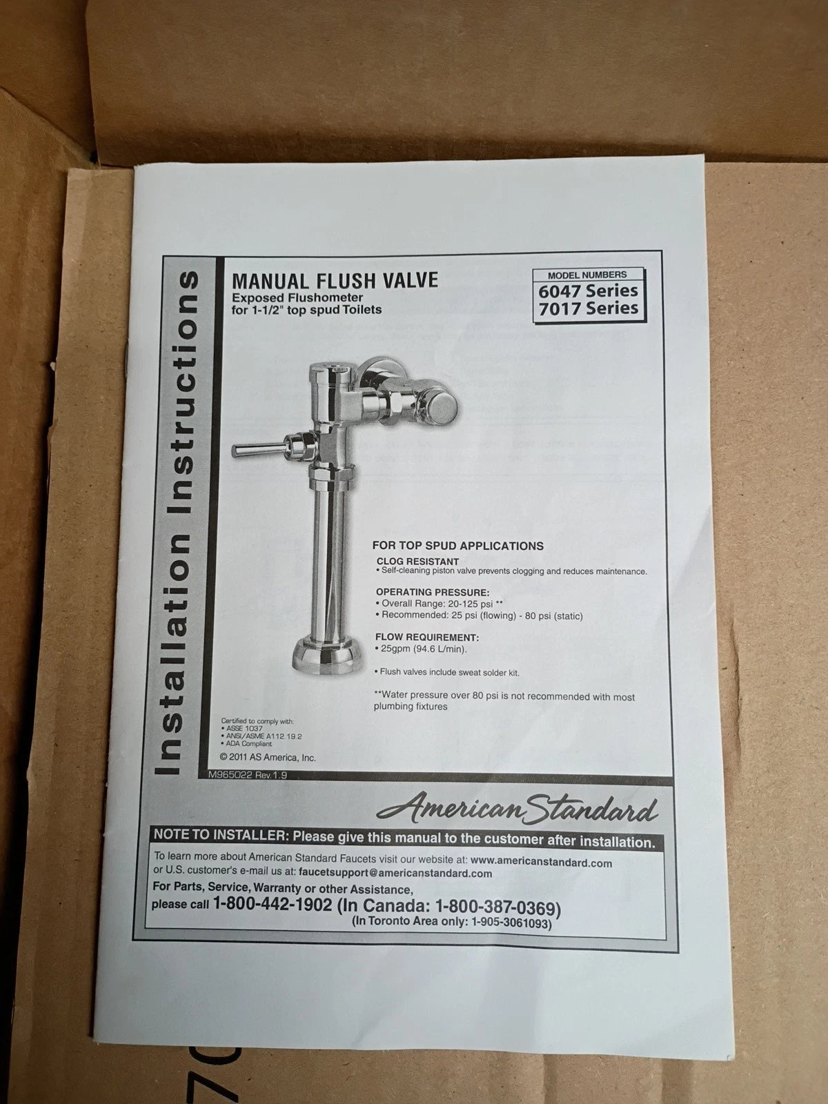 American Standard 6047.121.002 Manual Flush Valve Chrome 11.5" 1.28 GPF Toilet