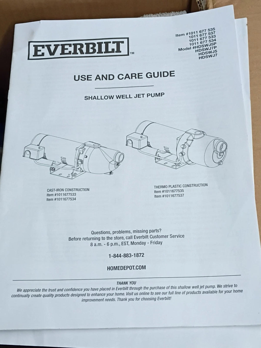 Everbilt Shallow Well Jet Pump Cast Iron 1/2HP HDSWJ5 New OPEN BOX