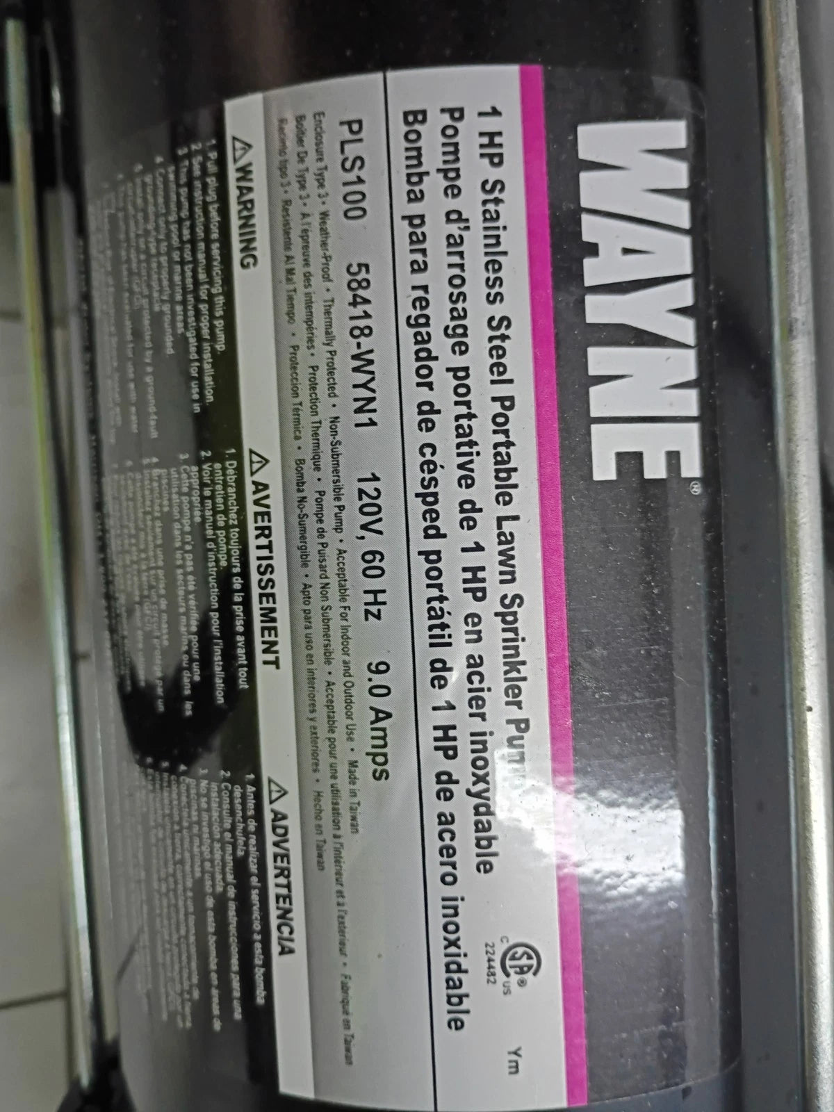 Wayne PLS100 1HP Portable Lawn Sprinkling Pump 115V 720GPH STAINLESS STEEL USED