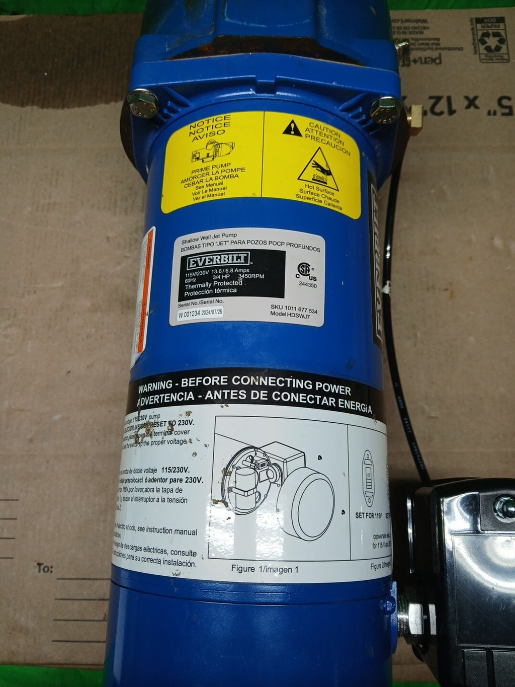 Everbilt 3/4 HP Cast Iron Shallow Well Jet Pump HDSWJ7 as is, Used Or For Parts