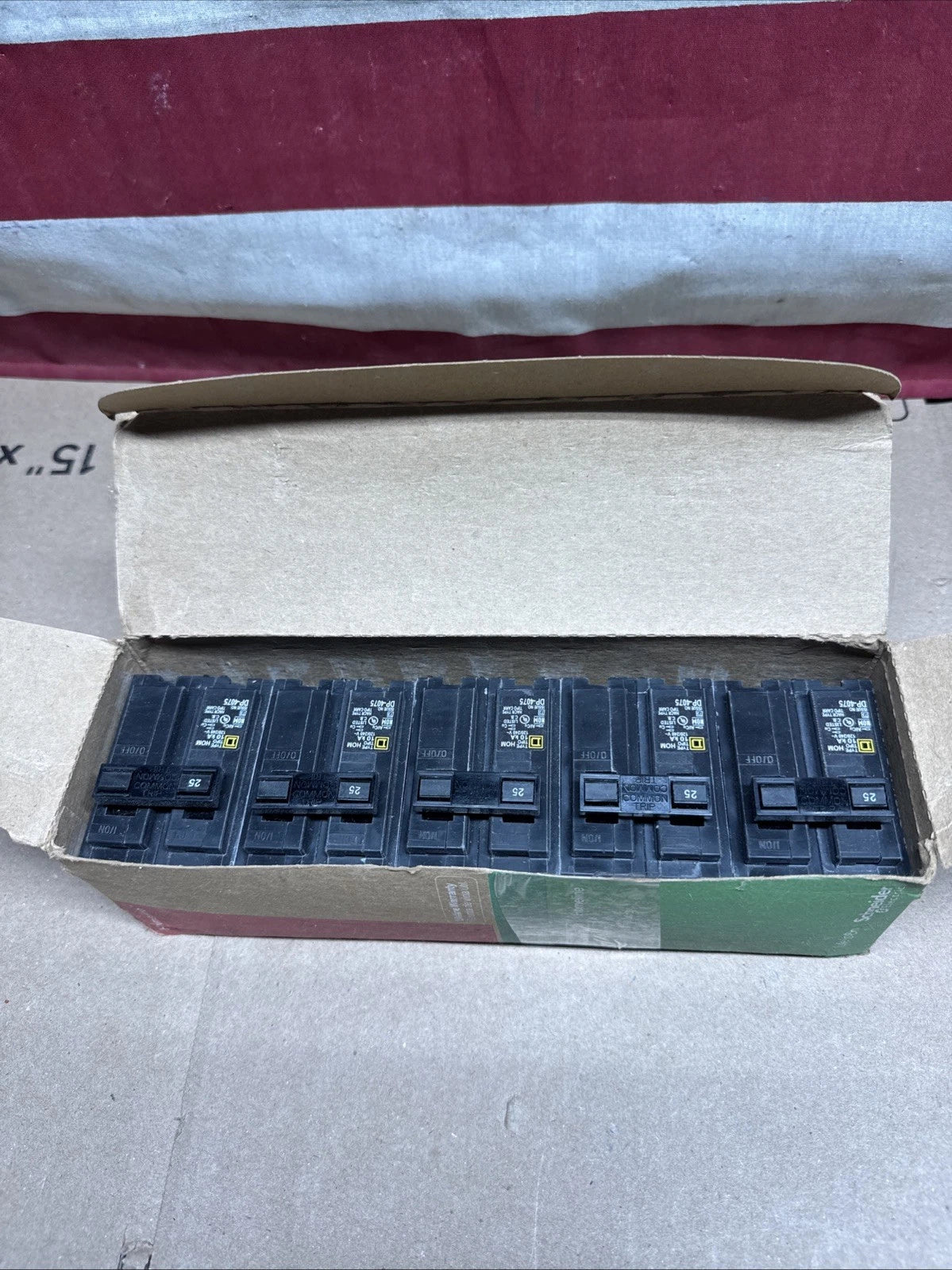 Lot of 5 Square D HOM225 25A 2-Pole Circuit Breaker Homeline Plug-On 120/240V...