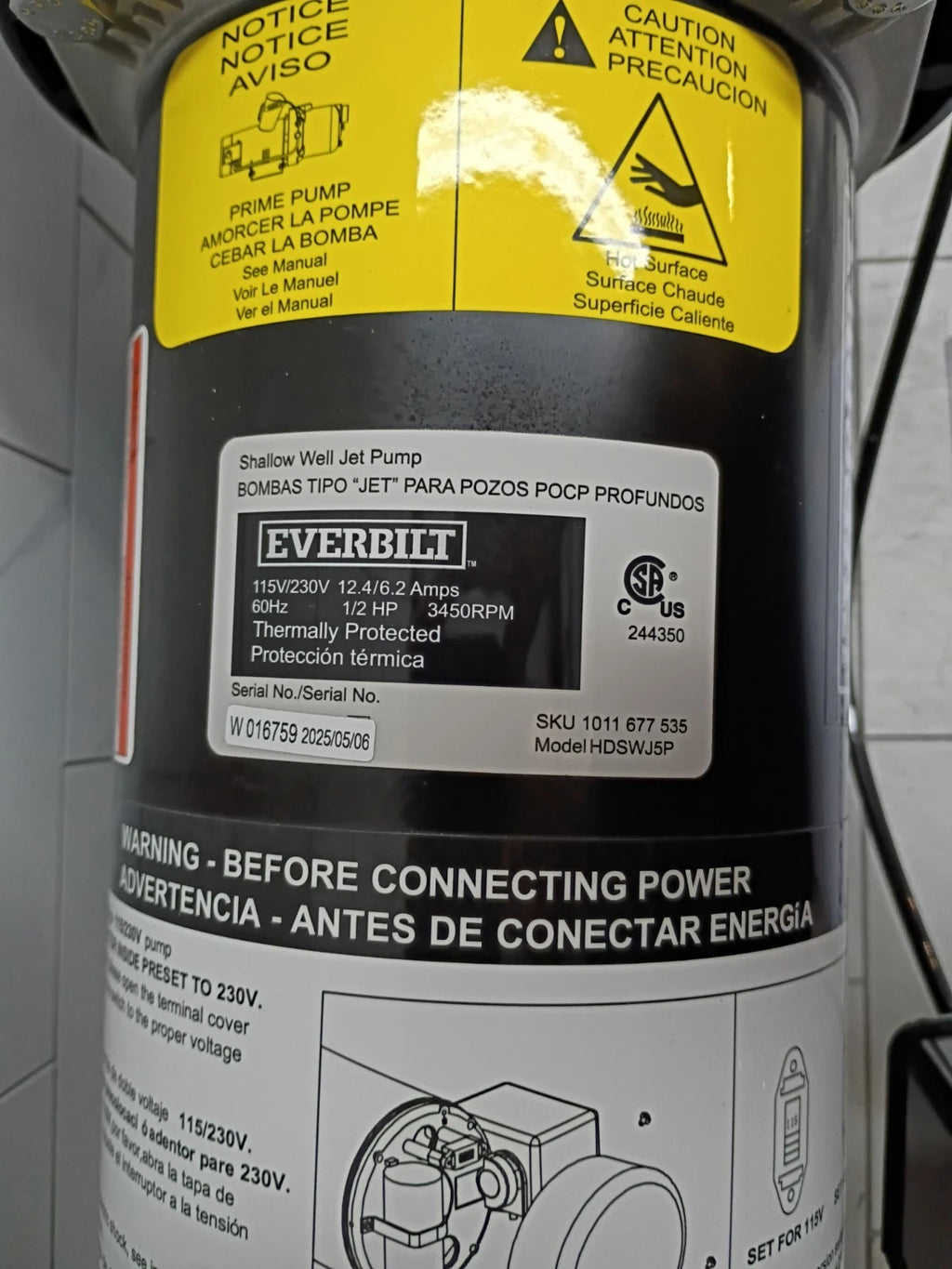 1/2 HP Everbilt Shallow Well Jet Pump Dual Voltage HDSWJ5P 25’ Lift 11.5 GPM OB