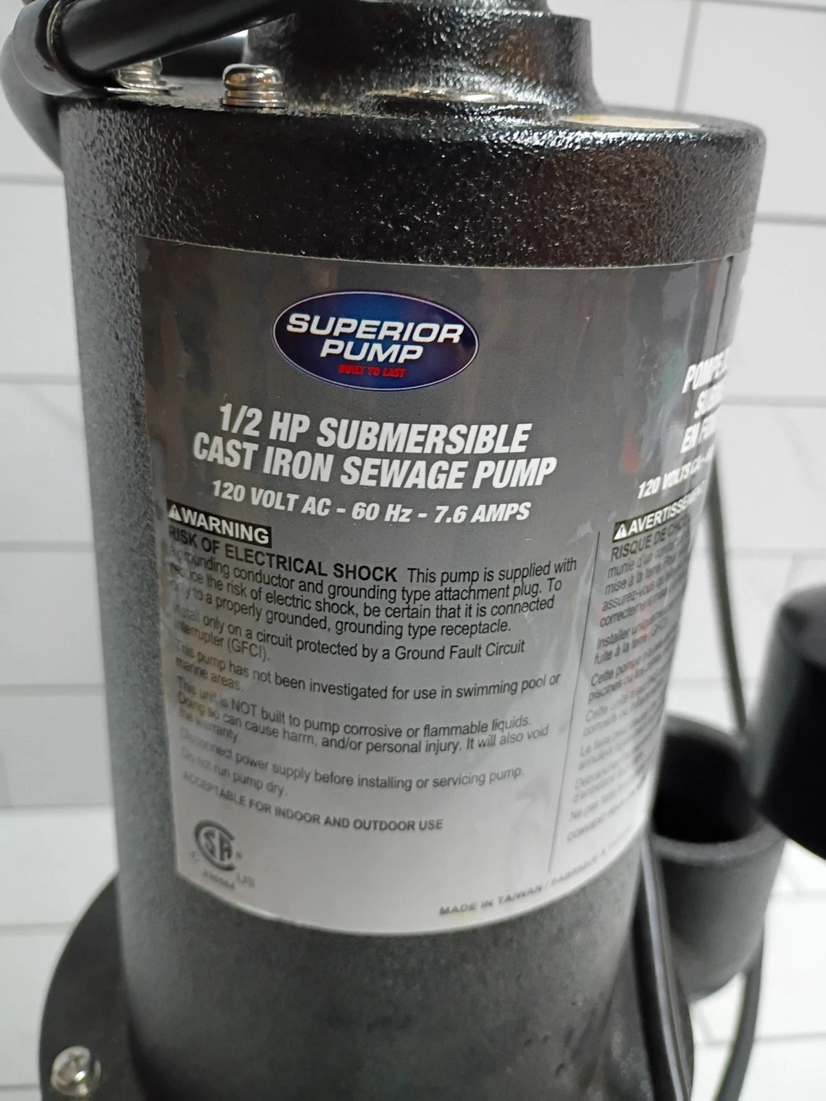 Superior 93511 1/2 HP CI Sewage Pump w/ Vertical Float Switch New Open Box