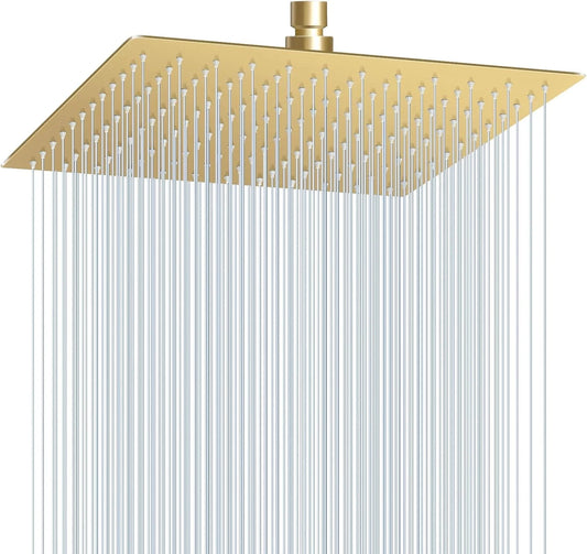 LUXURY 12" Brushed Gold Rain Shower Head - All Metal Steel Modern Design