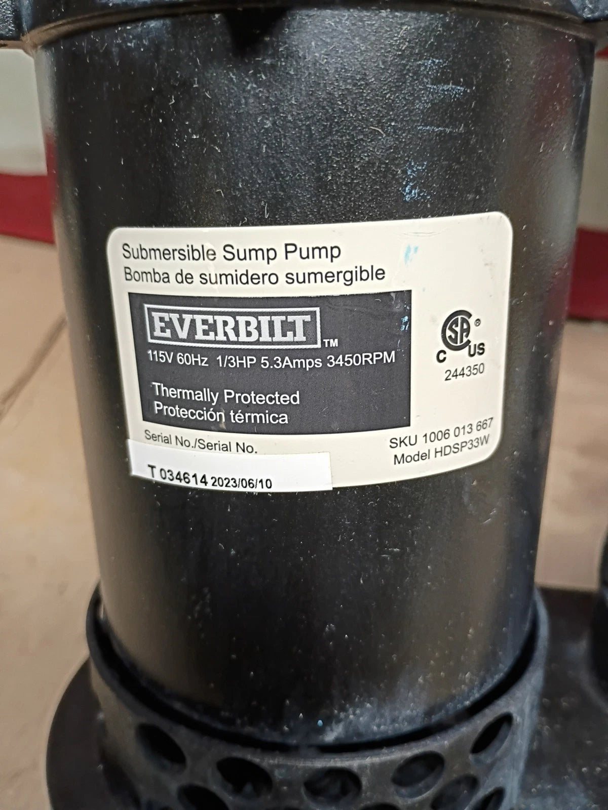 Everbilt 1/3 HP Corrosion Resistant Aluminum Sump Pump w/ Tether Switch Used.