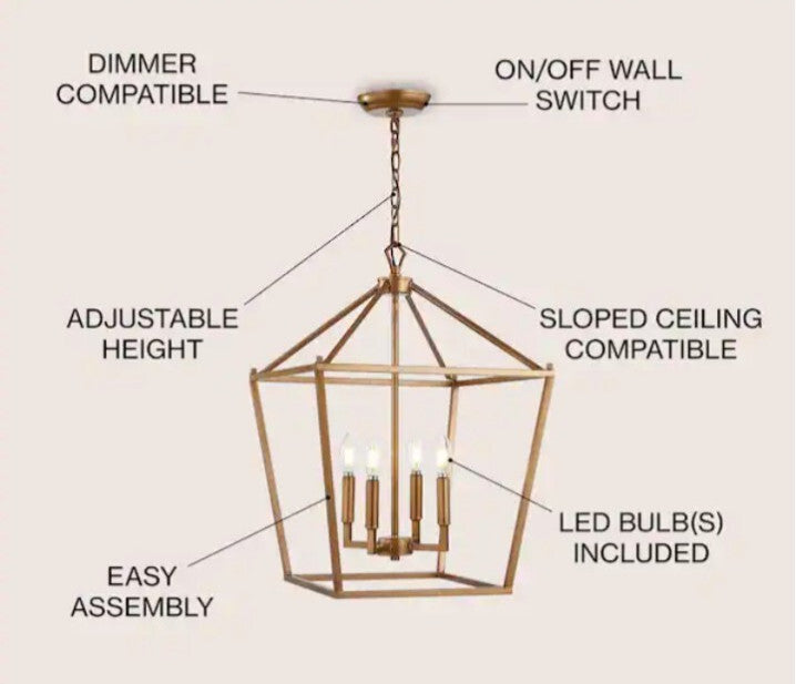 Pagoda 16 in. 4-Bulb Antique Gold Lantern Metal LED Pendant Open Box