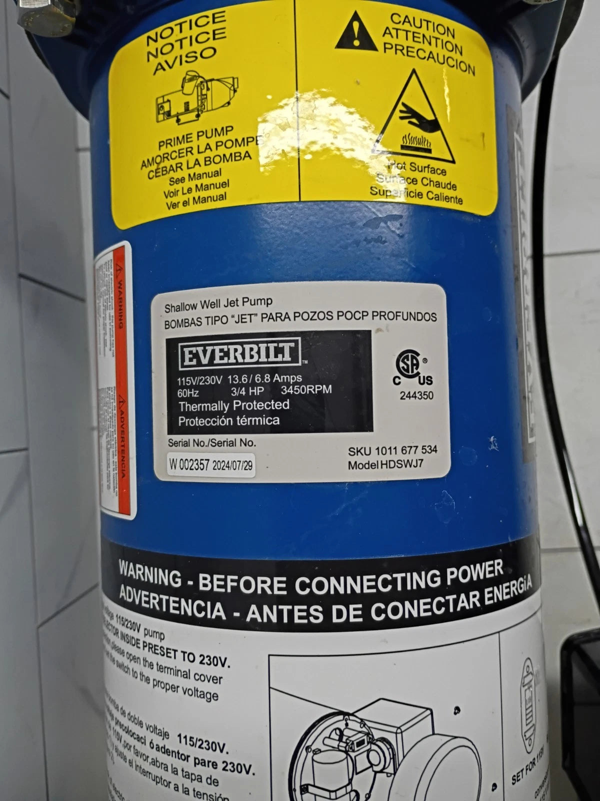 Everbilt 3/4 HP Cast Iron Shallow Well Jet Pump HDSWJ7 For Parts Only *Read*