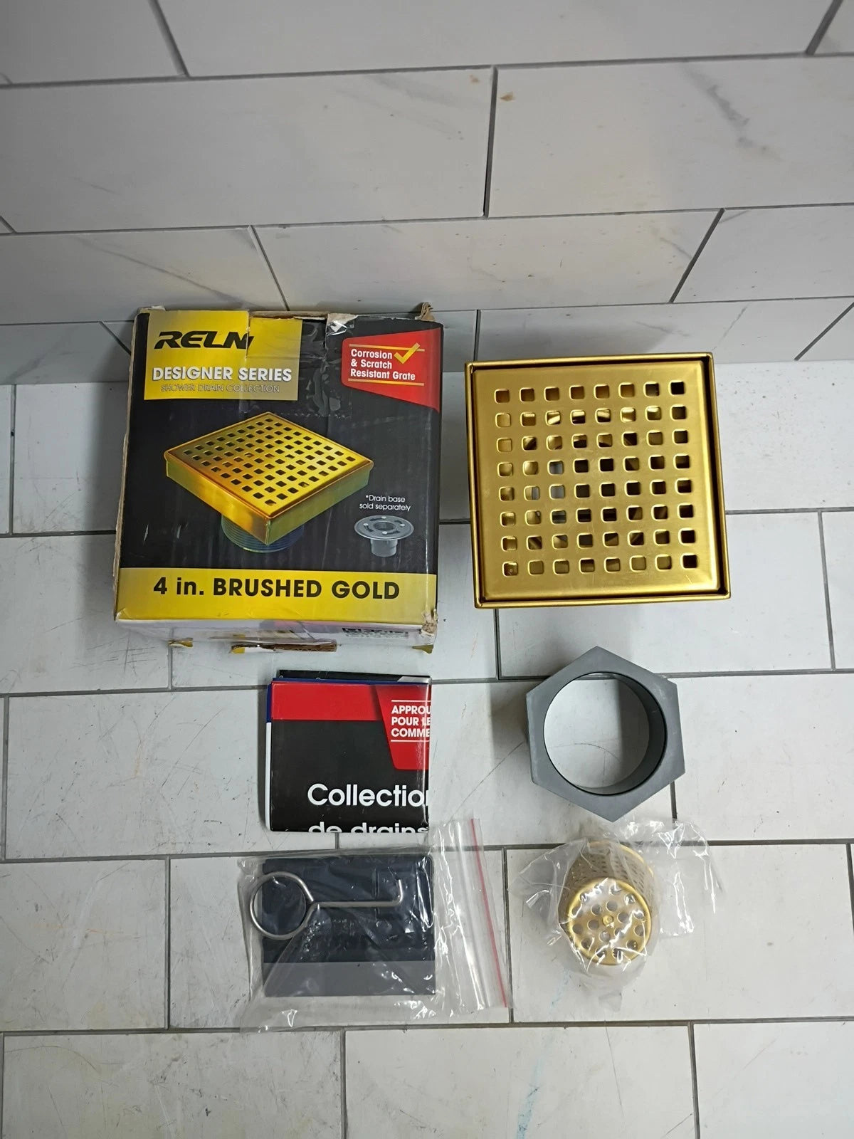 RELN FD0402SQBG 4 in. x 4 in. Brushed Gold Square Shower Drain, Open Box