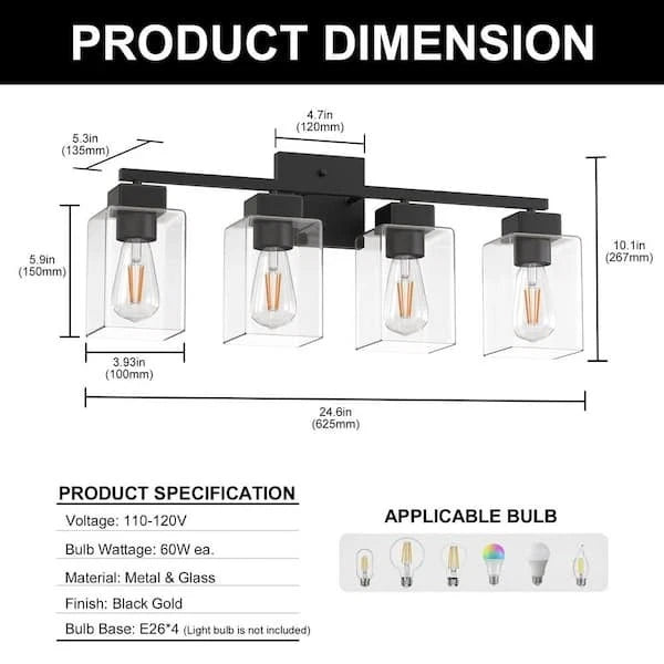 25 in. 4-Light Matte Black Vanity Light with Square Glass Shades-Modern Bathroom